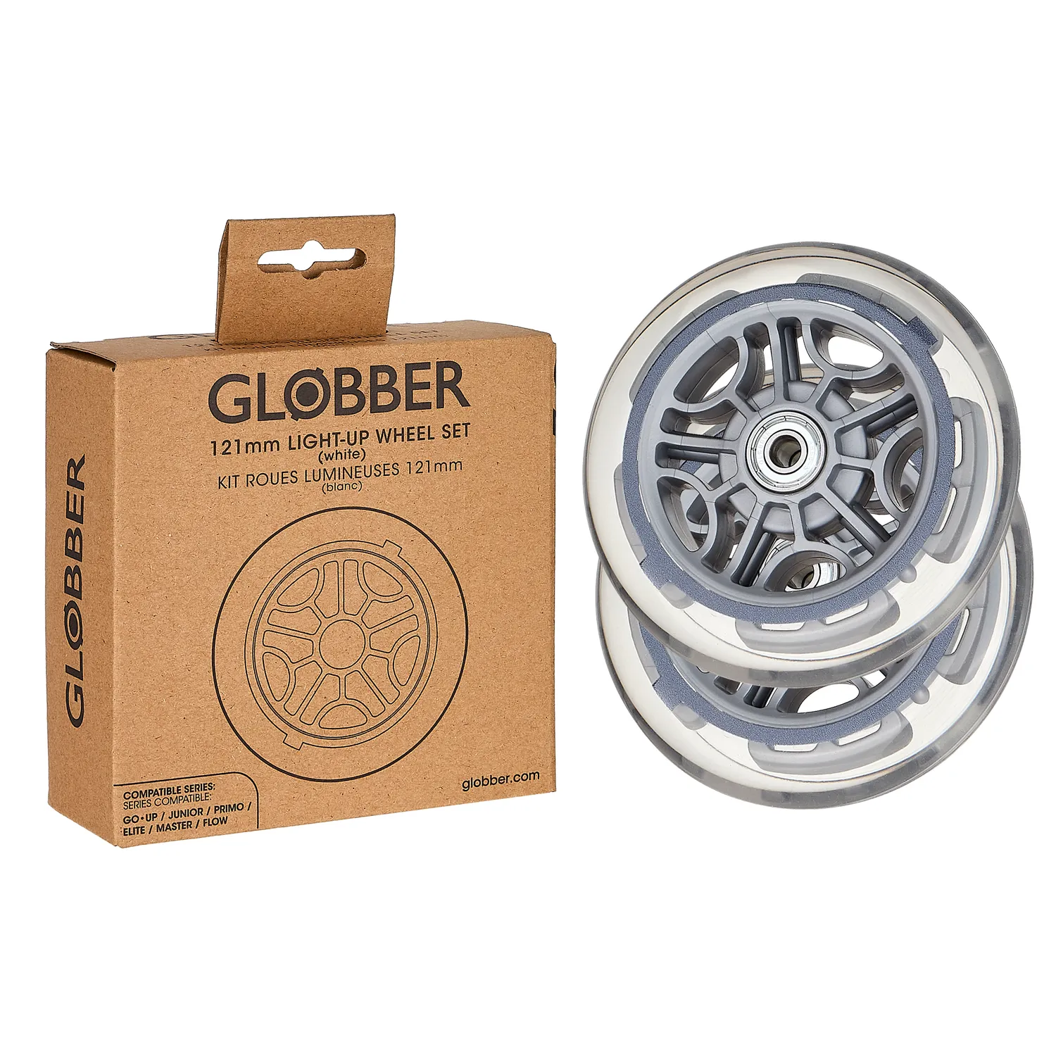 Globber 121mm Light-Up hjulset vit 2-pack med lager