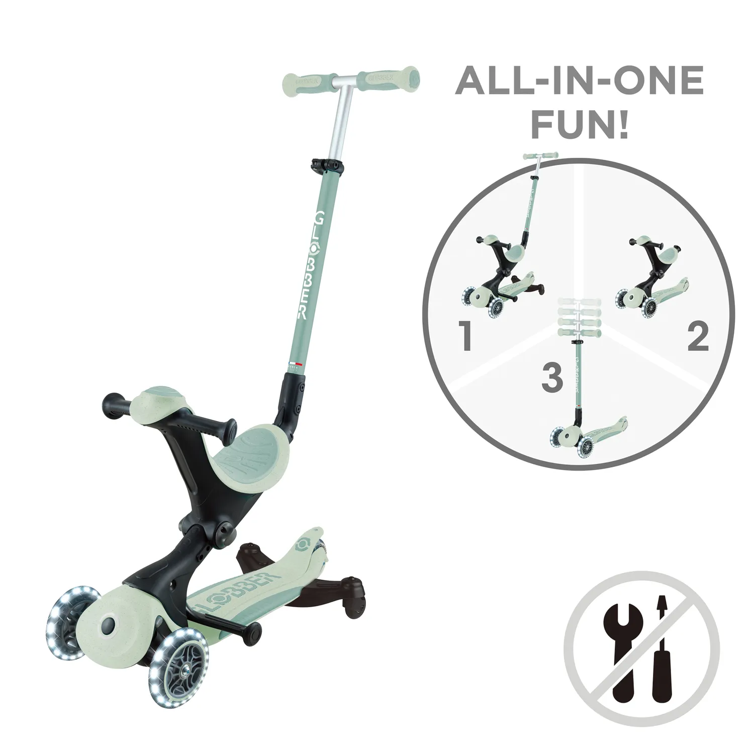 Globber Go Up Deluxe Lights 360 sparkcykel Sunshine 3-i-1